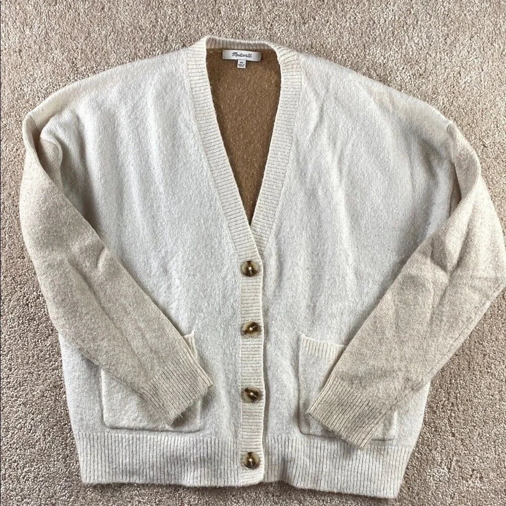 Madewell Womens Colorblock Wool‎ Blend Cardigan Sweater Cream Tan Brown AC796 XS